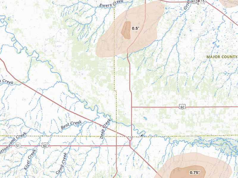 Radar-estimated hail-size map of the storm over Chester, OK on Jun 26, 2026