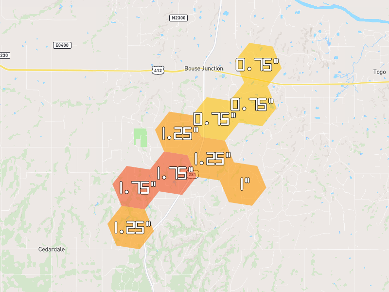 Hail map of Chester, OK on Jun 26, 2026, hail up to 1.75"