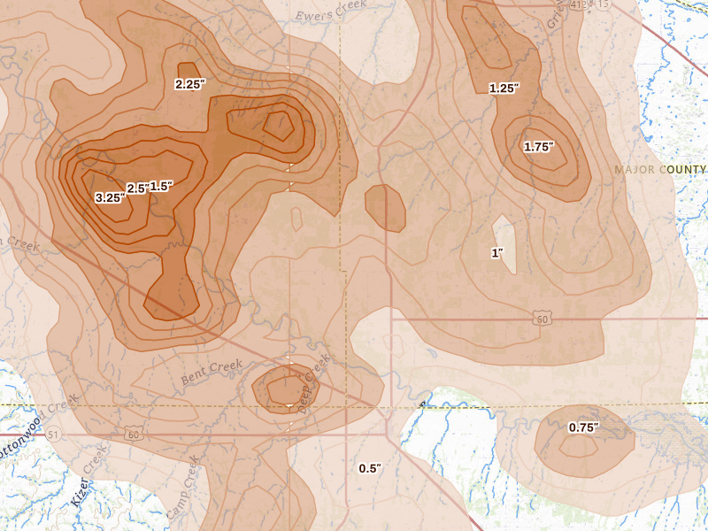 Radar-estimated hail-size map of the storm over Chester, OK on Jul 4, 2026