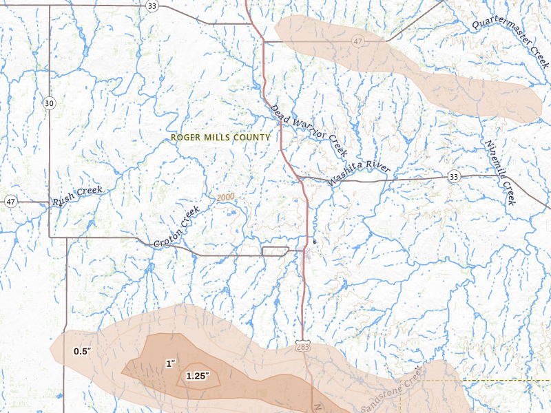 Radar-estimated hail-size map of the storm over Cheyenne, OK on May 9, 2026