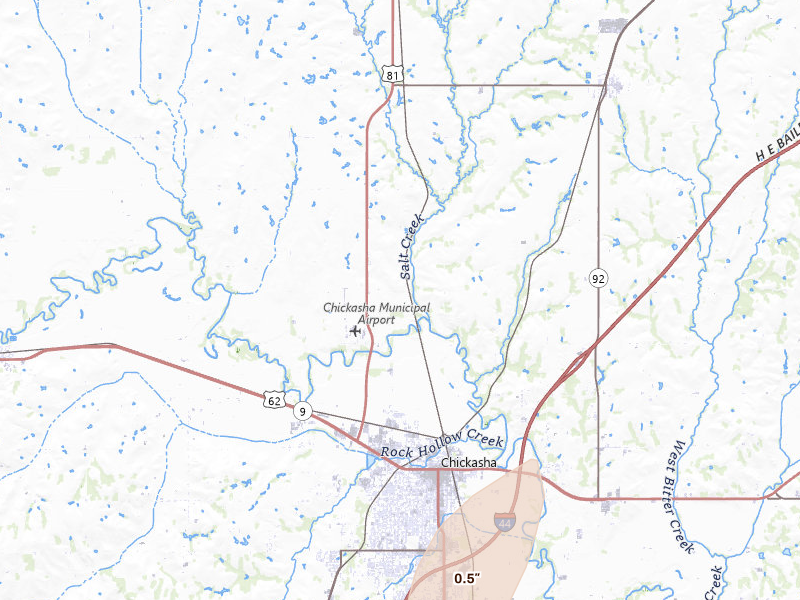 Radar-estimated hail-size map of the storm over Chickasha, OK on Mar 6, 2026
