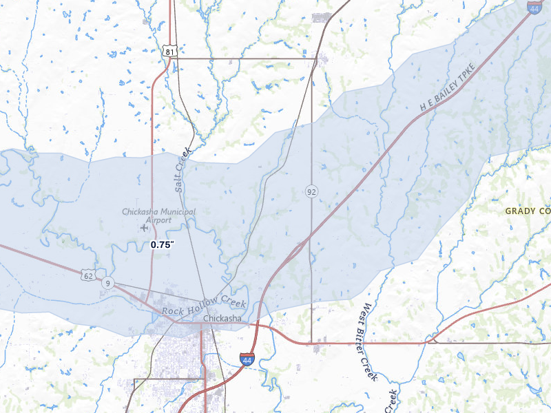 NEXRAD radar-signature map of the hail over Chickasha, OK