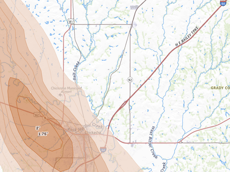 Radar-estimated hail-size map of the storm over Chickasha, OK on May 8, 2026
