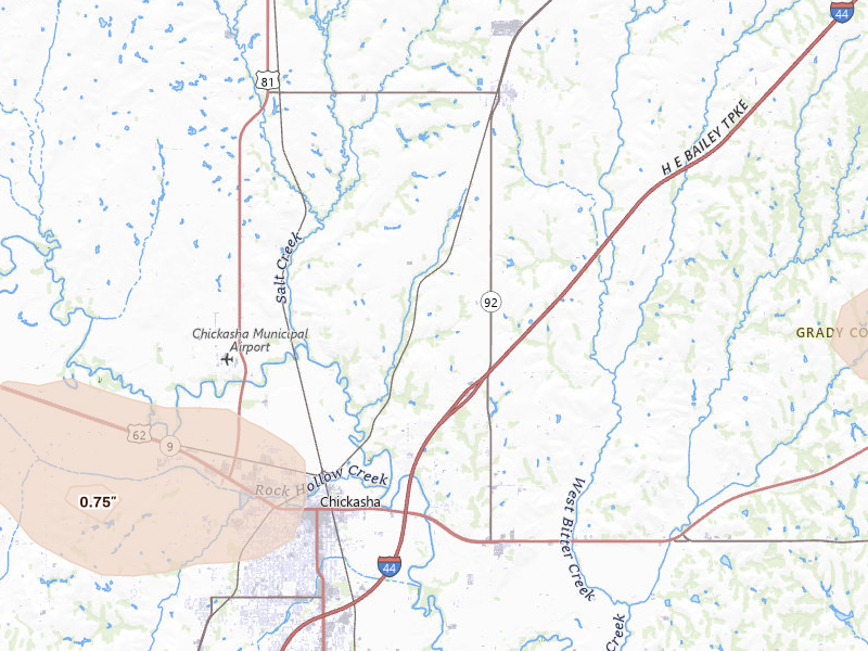 Radar-estimated hail-size map of the storm over Chickasha, OK on Jun 26, 2026