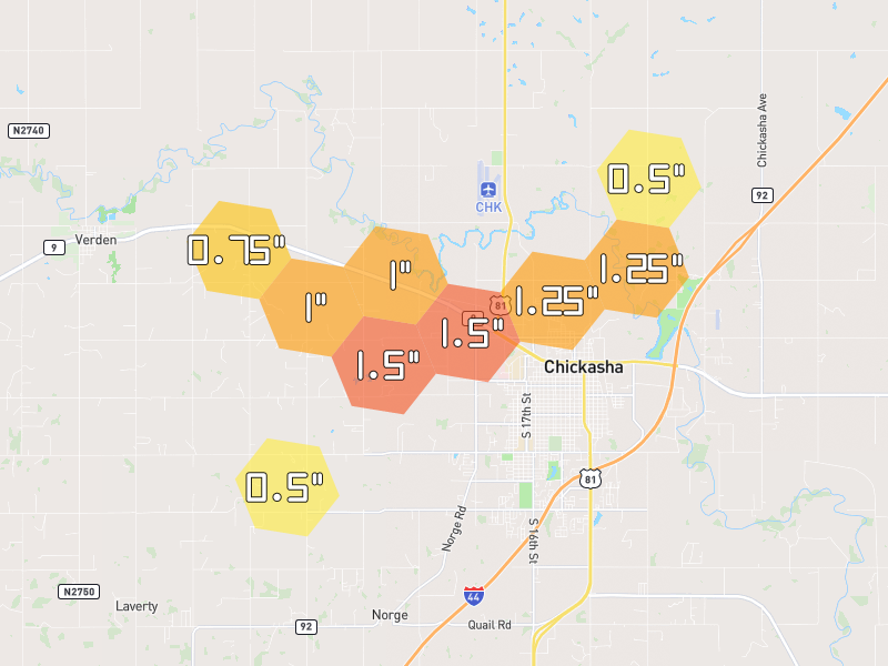 Hail map of Chickasha, OK on Jun 27, 2026, hail up to 1.5"