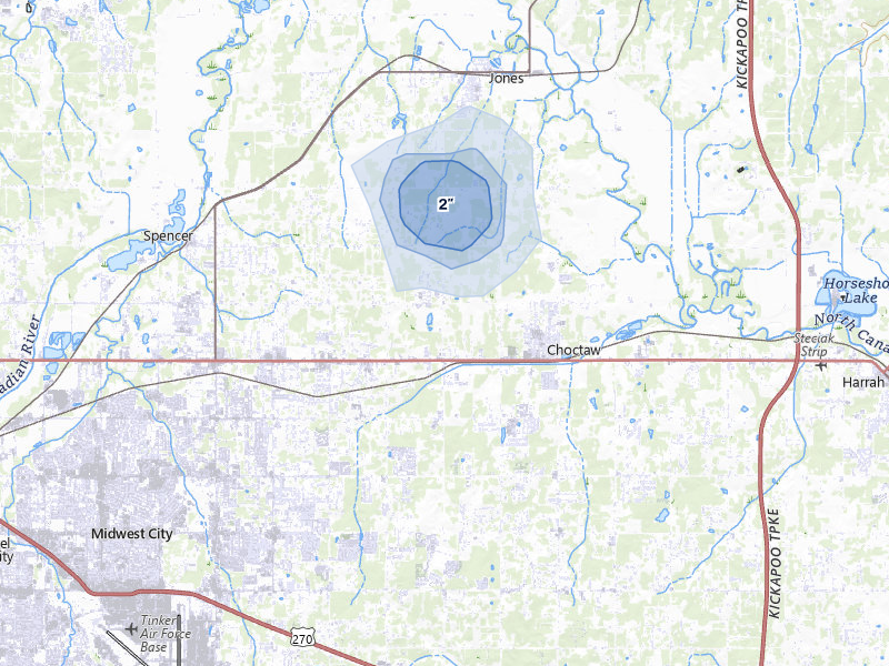 NEXRAD radar-signature map of the hail storm over Choctaw, OK on Jan 7, 2026