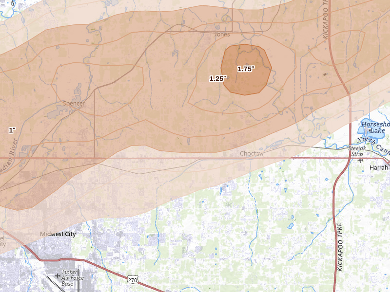 Radar-estimated hail-size map of the storm over Choctaw, OK on Mar 10, 2026