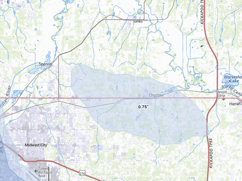 NEXRAD radar-signature map of the hail storm over Choctaw, OK on May 8, 2026