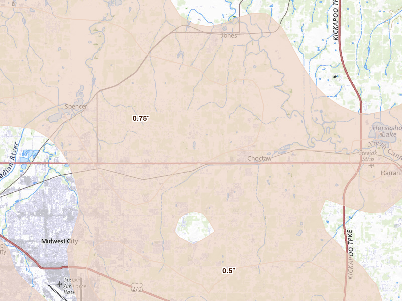 Radar-estimated hail-size map of the storm over Choctaw, OK