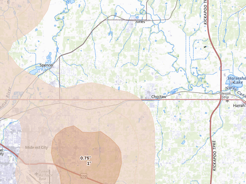 Radar-estimated hail-size map of the storm over Choctaw, OK on Jul 4, 2026