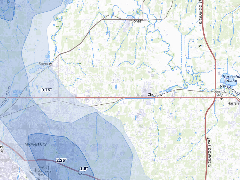 NEXRAD radar-signature map of the hail over Choctaw, OK