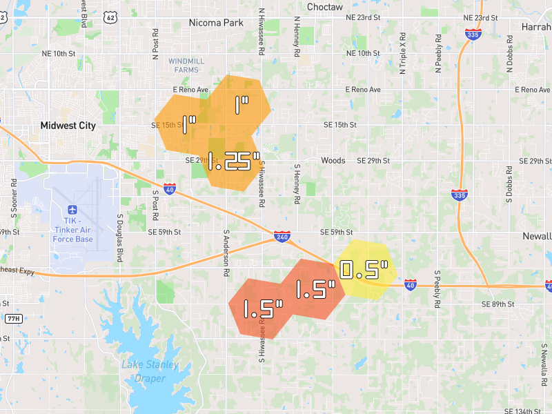 Hail map of Choctaw, OK on Jul 5, 2026, hail up to 1.5"