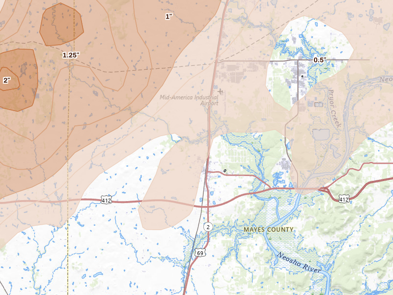 Radar-estimated hail-size map of the storm over Chouteau, OK on Mar 6, 2026