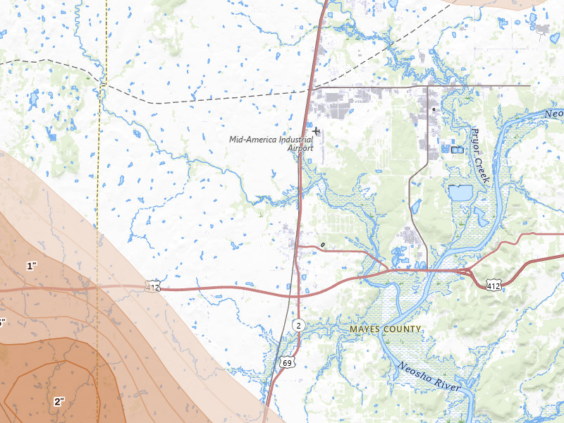 Radar-estimated hail-size map of the storm over Chouteau, OK on May 8, 2026