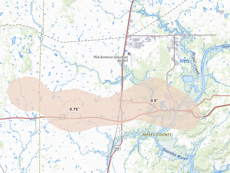 Radar-estimated hail-size map of the storm over Chouteau, OK on Jun 1, 2026