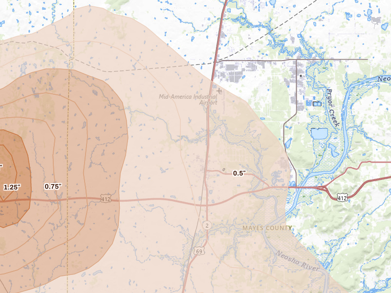 Radar-estimated hail-size map of the storm over Chouteau, OK on Jun 25, 2026