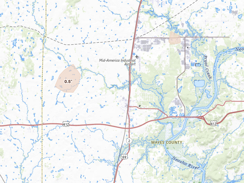 Radar-estimated hail-size map of the storm over Chouteau, OK on Jul 4, 2026