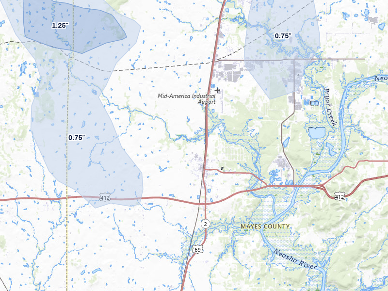 NEXRAD radar-signature map of the hail over Chouteau, OK