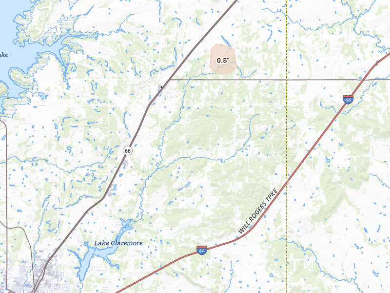 Radar-estimated hail-size map of the storm over Claremore, OK on Jun 2, 2026