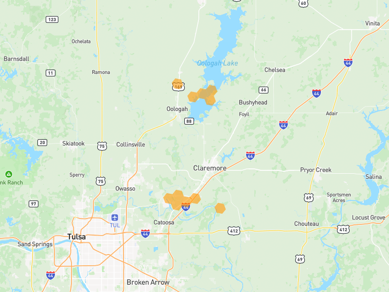 Hail map of Claremore, OK on Jun 2, 2026, hail up to 1.25"