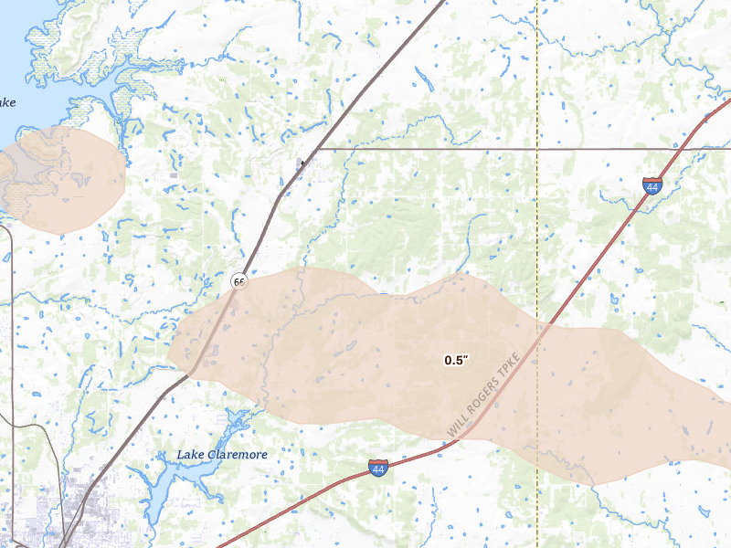 Radar-estimated hail-size map of the storm over Claremore, OK on Jun 11, 2026