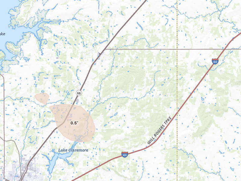 Radar-estimated hail-size map of the storm over Claremore, OK on Jun 24, 2026
