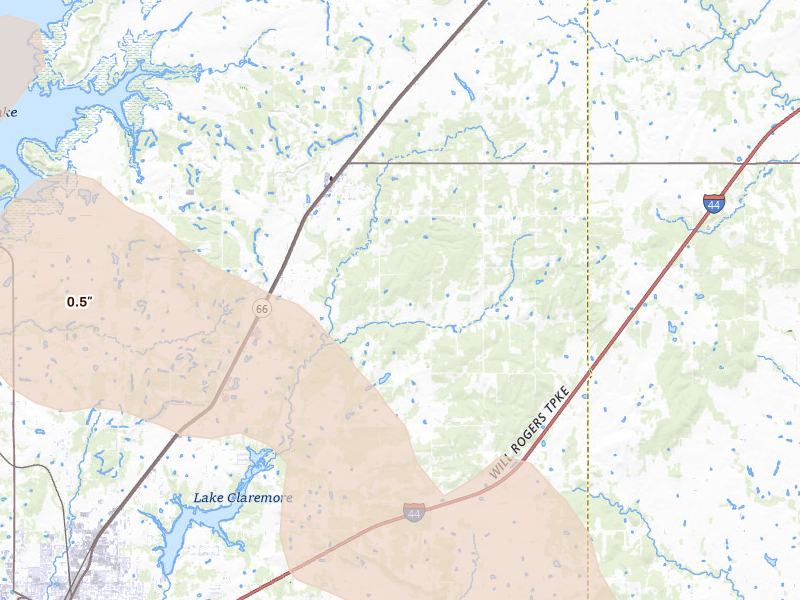 Radar-estimated hail-size map of the storm over Claremore, OK on Jun 25, 2026