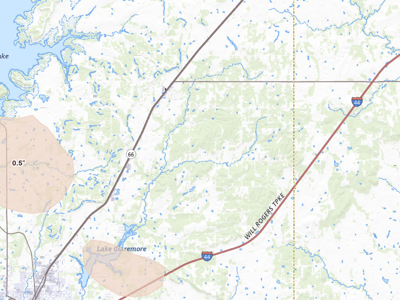 Radar-estimated hail-size map of the storm over Claremore, OK on Jul 4, 2026