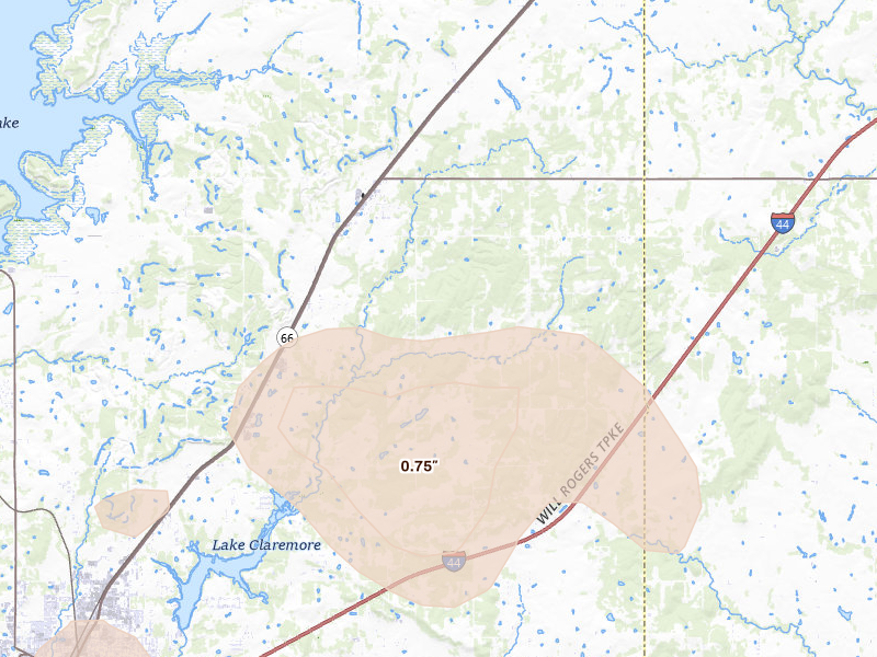 Radar-estimated hail-size map of the storm over Claremore, OK on Jul 11, 2026