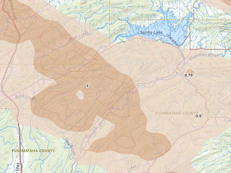Radar-estimated hail-size map of the storm over Clayton, OK on Apr 24, 2026