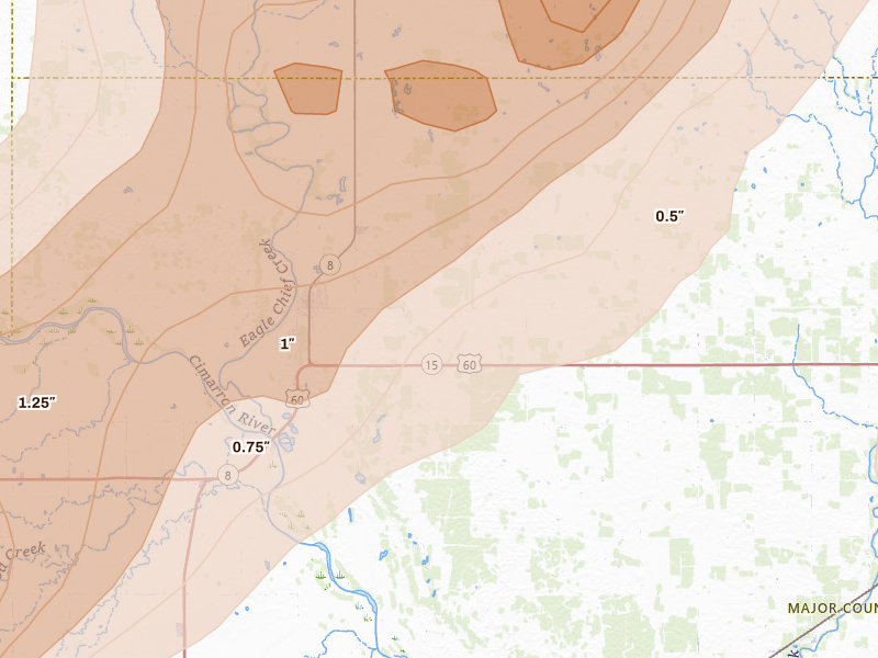 Radar-estimated hail-size map of the storm over Cleo Springs, OK on Mar 5, 2026