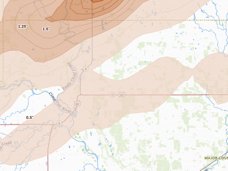 Radar-estimated hail-size map of the storm over Cleo Springs, OK on Apr 17, 2026