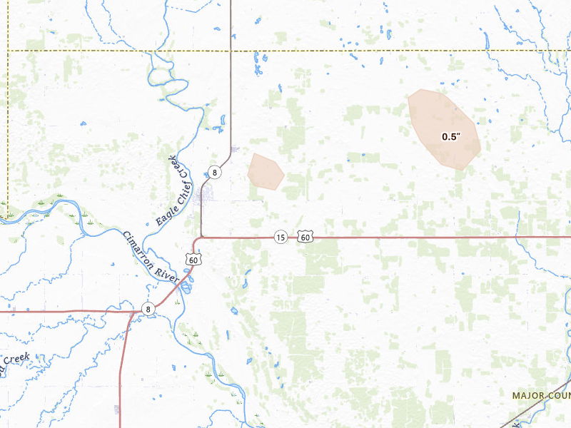 Radar-estimated hail-size map of the storm over Cleo Springs, OK on Apr 26, 2026