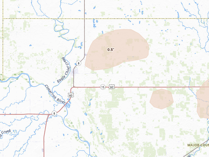 Radar-estimated hail-size map of the storm over Cleo Springs, OK on Jun 1, 2026
