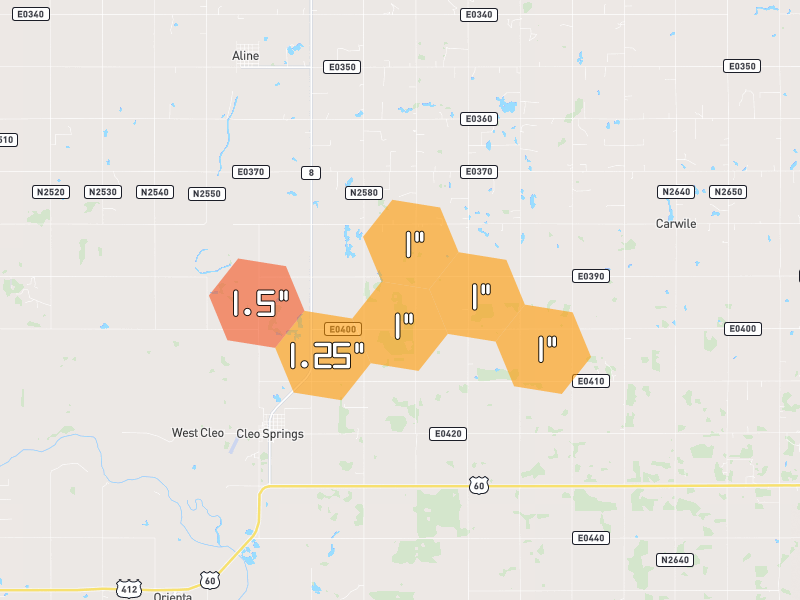 Hail map of Cleo Springs, OK on Jun 2, 2026, hail up to 1.5"