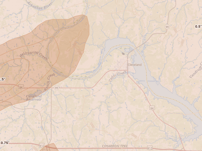 Radar-estimated hail-size map of the storm over Cleveland, OK on Apr 23, 2026