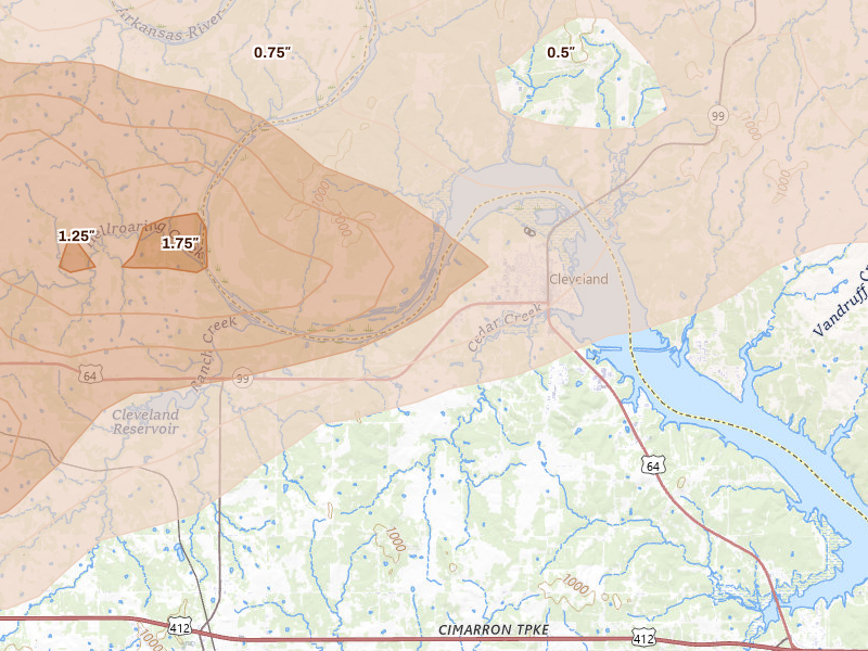 Radar-estimated hail-size map of the storm over Cleveland, OK on May 8, 2026