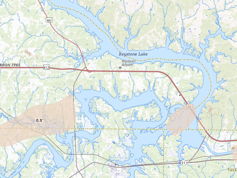 Radar-estimated hail-size map of the storm over Cleveland, OK on Aug 17, 2026