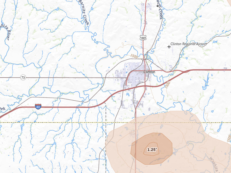 Radar-estimated hail-size map of the storm over Clinton, OK on Jul 4, 2026