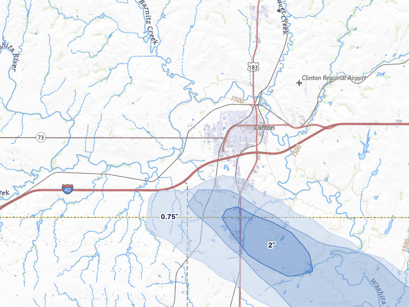 NEXRAD radar-signature map of the hail over Clinton, OK