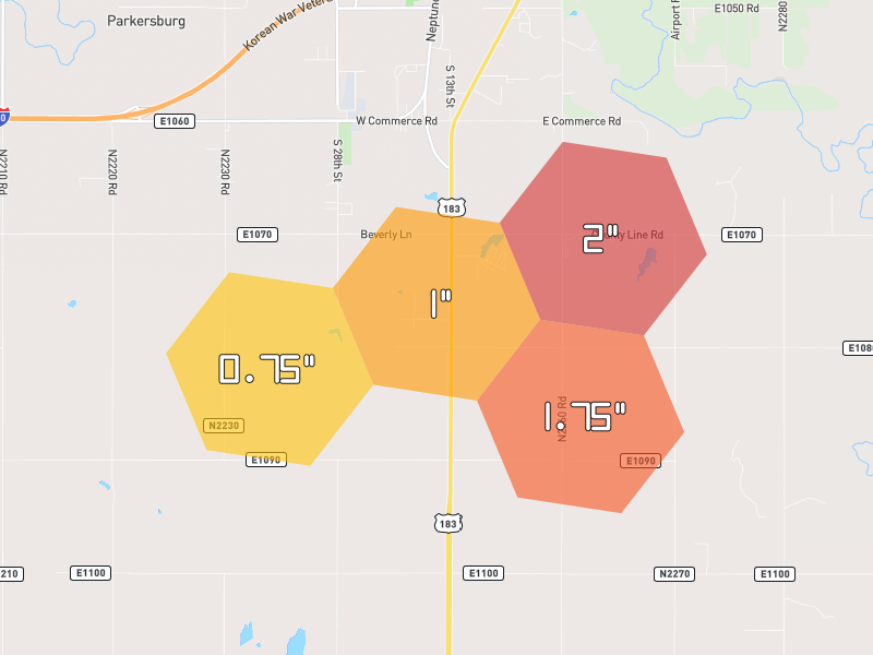 Hail map of Clinton, OK on Jul 5, 2026, hail up to 2"