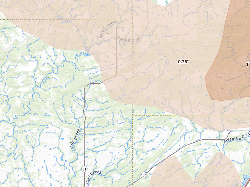 Radar-estimated hail-size map of the storm over Coalgate, OK on Apr 24, 2026