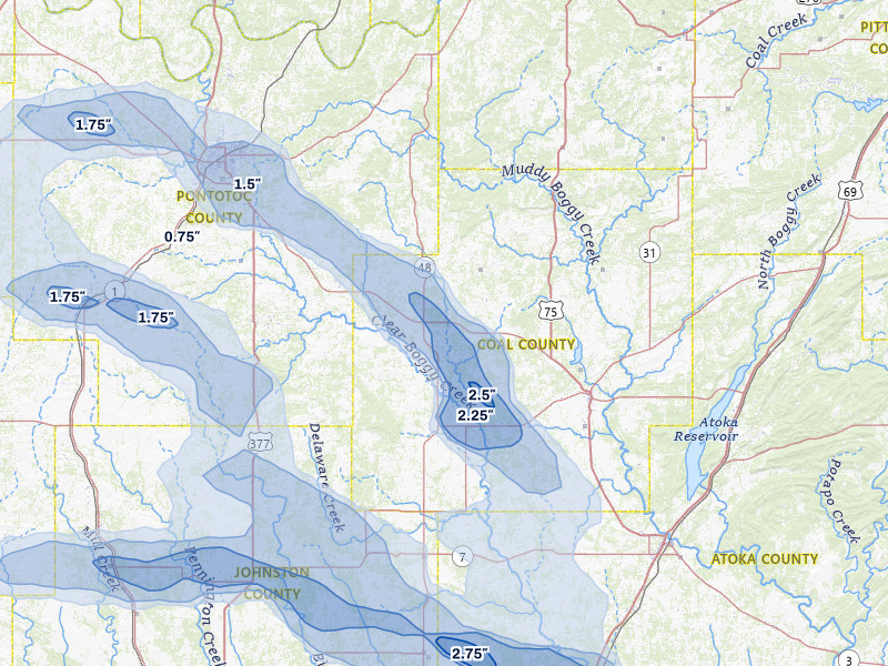 NEXRAD radar-signature map of the hail over Coalgate, OK