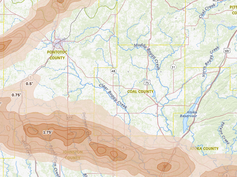 Radar-estimated hail-size map of the storm over Coalgate, OK on Apr 28, 2026