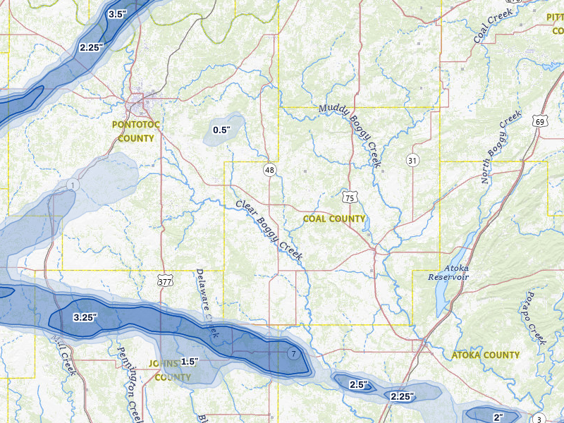NEXRAD radar-signature map of the hail storm over Coalgate, OK on Apr 28, 2026