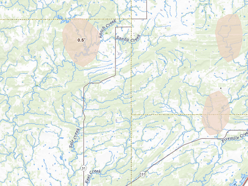 Radar-estimated hail-size map of the storm over Coalgate, OK on May 22, 2026