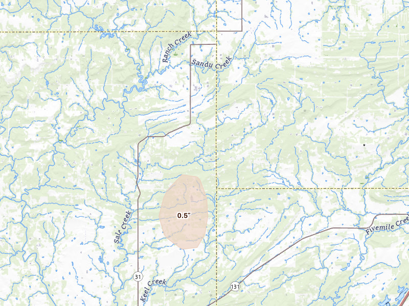 Radar-estimated hail-size map of the storm over Coalgate, OK on Aug 20, 2026