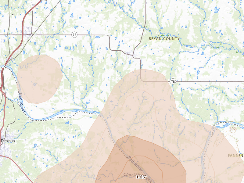 Radar-estimated hail-size map of the storm over Colbert, OK on May 9, 2026