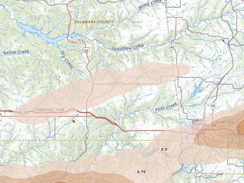 Radar-estimated hail-size map of the storm over Colcord, OK on Apr 28, 2026