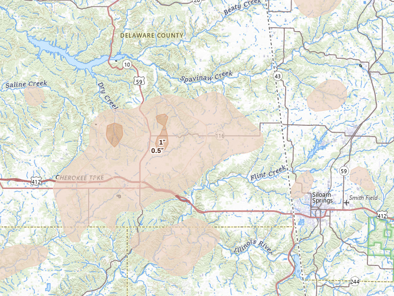 Radar-estimated hail-size map of the storm over Colcord, OK on Jun 8, 2026